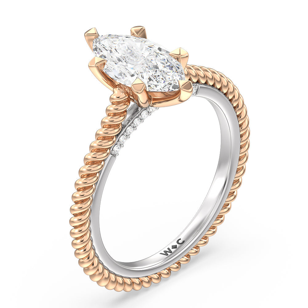 6 Claw Rope Fine Line Engagement Ring with Marquise Cut Diamond in 14KT White & Rose Gold view 3
