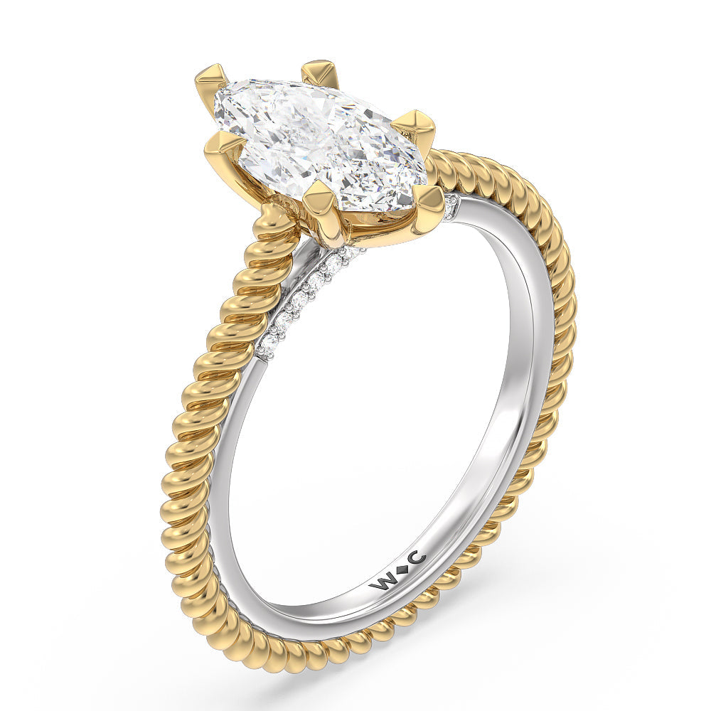 6 Claw Rope Fine Line Engagement Ring with Marquise Cut Diamond in 14KT White & Yellow Gold view 3
