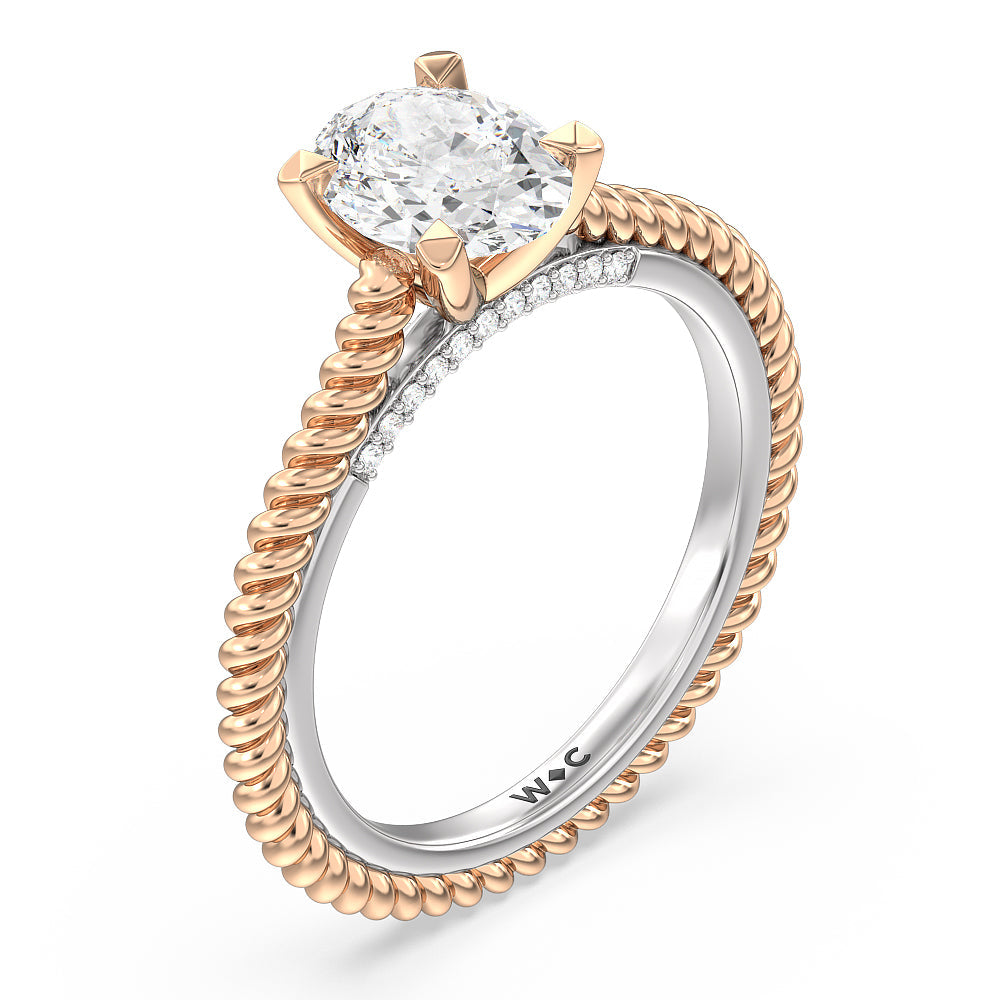 6 Claw Rope Fine Line Engagement Ring with Oval Cut Diamond in 14KT White & Rose Gold view 3
