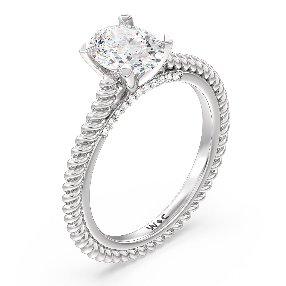 6 Claw Rope Fine Line Engagement Ring with Oval Cut Diamond in 14KT Platinum view 3

