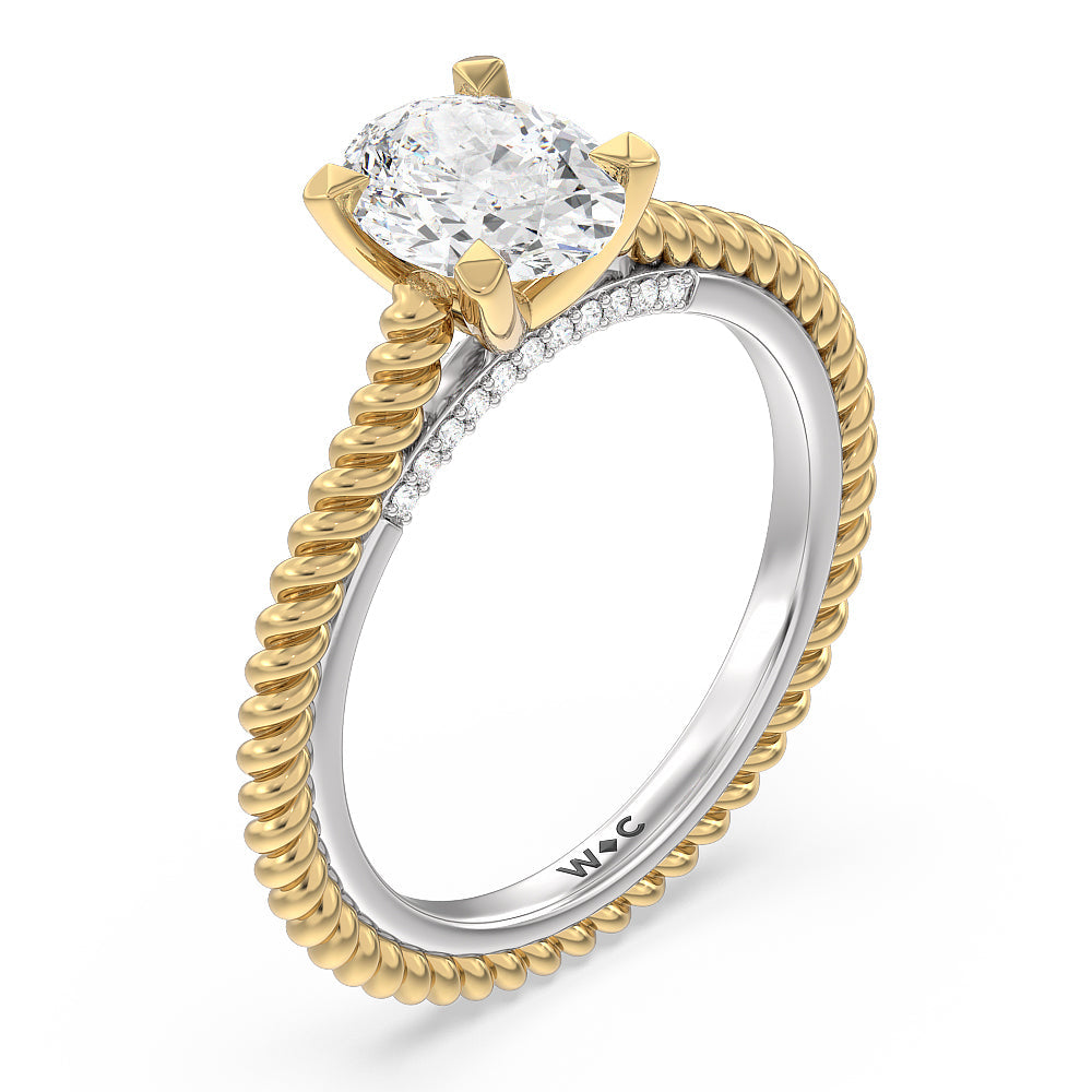 6 Claw Rope Fine Line Engagement Ring with Oval Cut Diamond in 14KT White & Yellow Gold view 3

