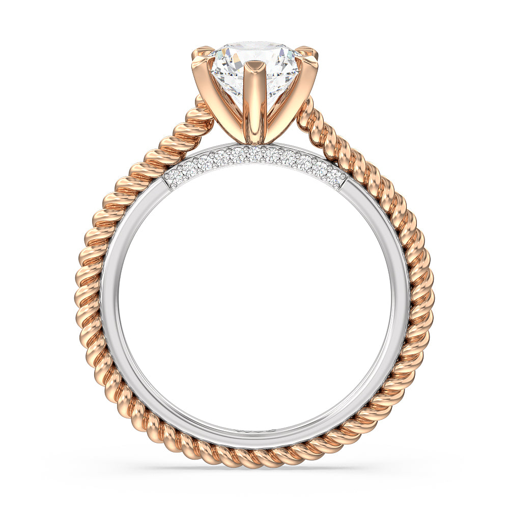 6 Claw Rope Fine Line Engagement Ring with Round Cut Diamond in 14KT White & Rose Gold view 2
