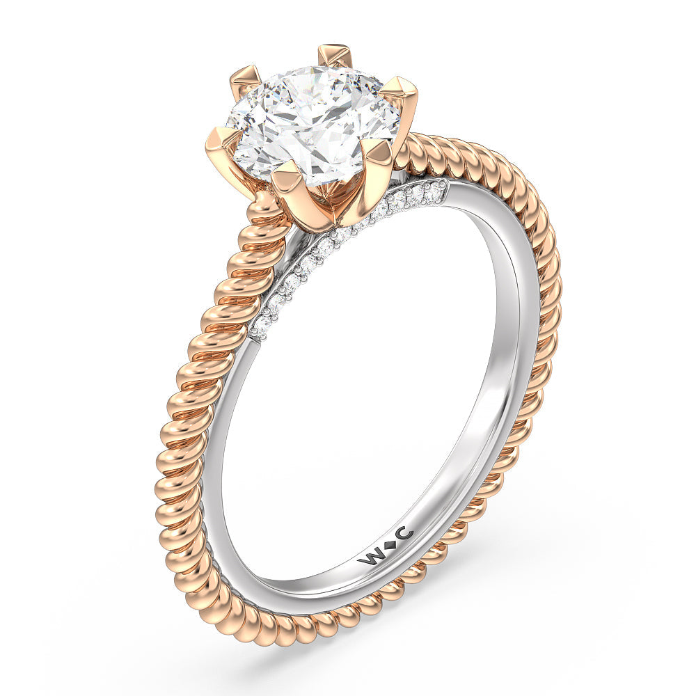 6 Claw Rope Fine Line Engagement Ring with Round Cut Diamond in 14KT White & Rose Gold view 3
