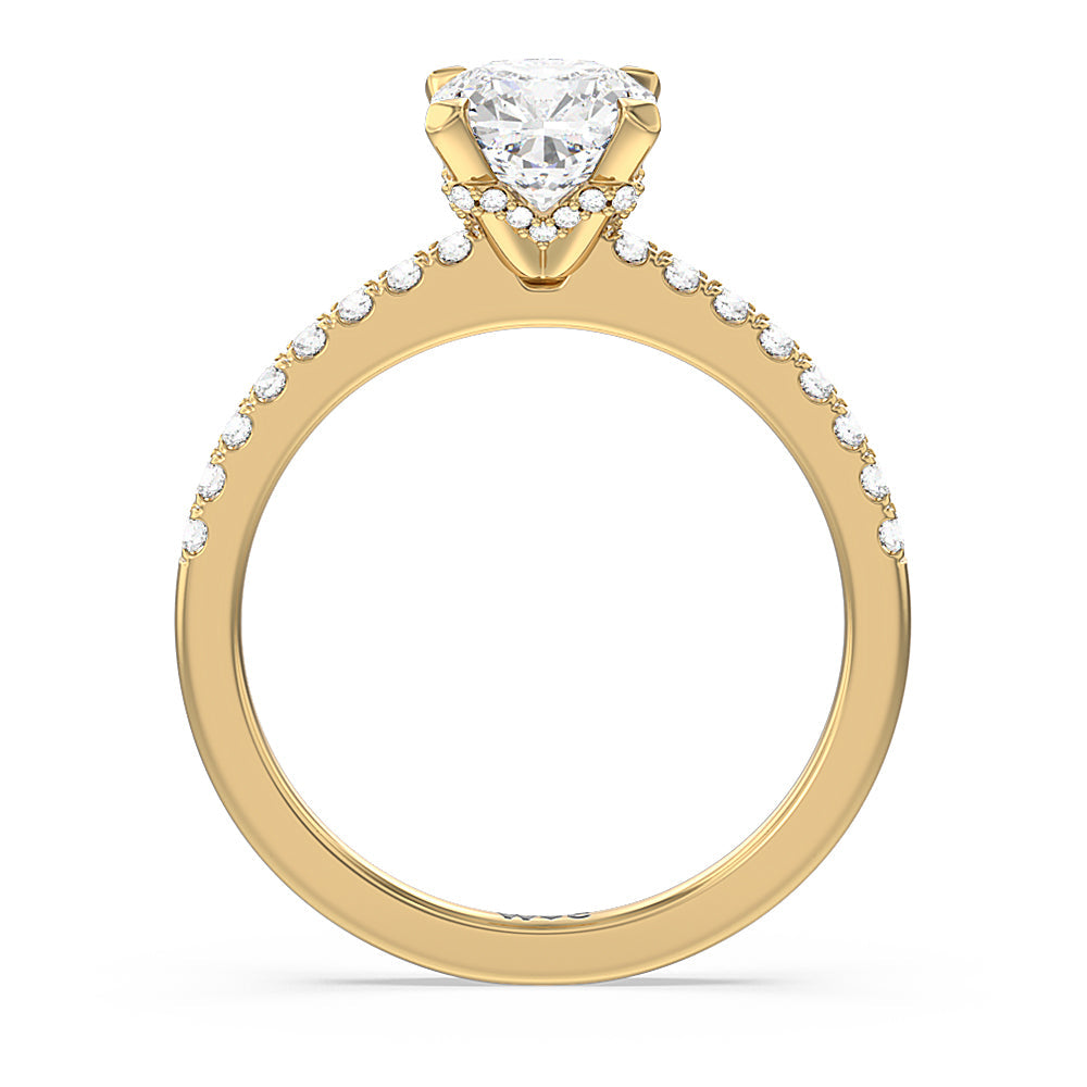 Cushion Cut Petite Pave Chevron Hidden Halo Engagement  Ring with Lab Grown Diamond in 14KT Yellow Gold view 2
