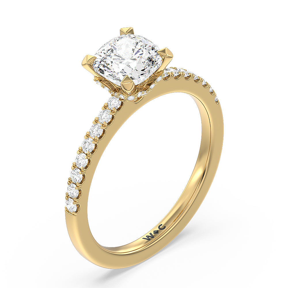 Cushion Cut Petite Pave Chevron Hidden Halo Engagement  Ring with Lab Grown Diamond in 14KT Yellow Gold view 3

