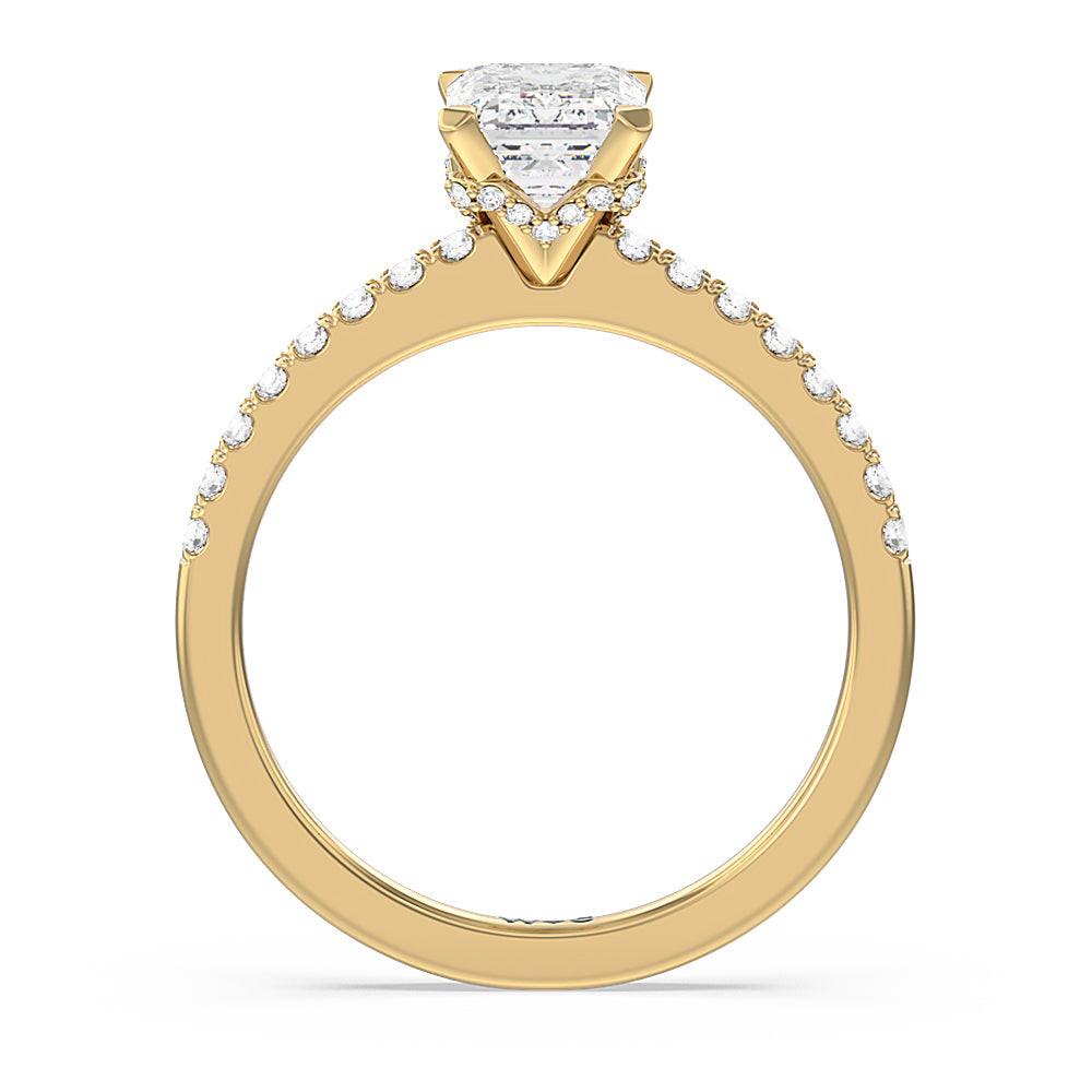 Emerald Cut Petite Pave Chevron Hidden Halo Engagement  Ring with Lab Grown Diamond in 14KT Yellow Gold view 2
