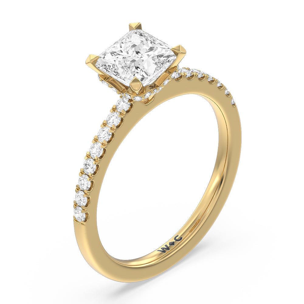 Princess Cut Petite Pave Chevron Hidden Halo Engagement  Ring with Lab Grown Diamond in 14KT Yellow Gold view 3
