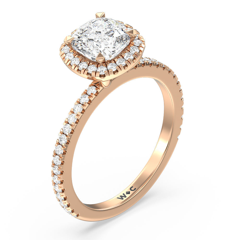 Cushion Cut Pave Halo and Shank Engagement Ring with Lab Grown Diamond in 14KT Rose Gold view 3
