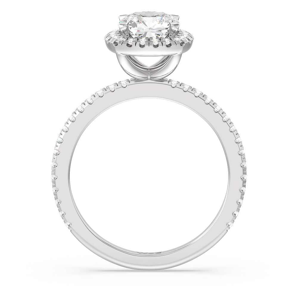 Cushion Cut Pave Halo and Shank Engagement Ring with Lab Grown Diamond in 14KT Platinum view 2
