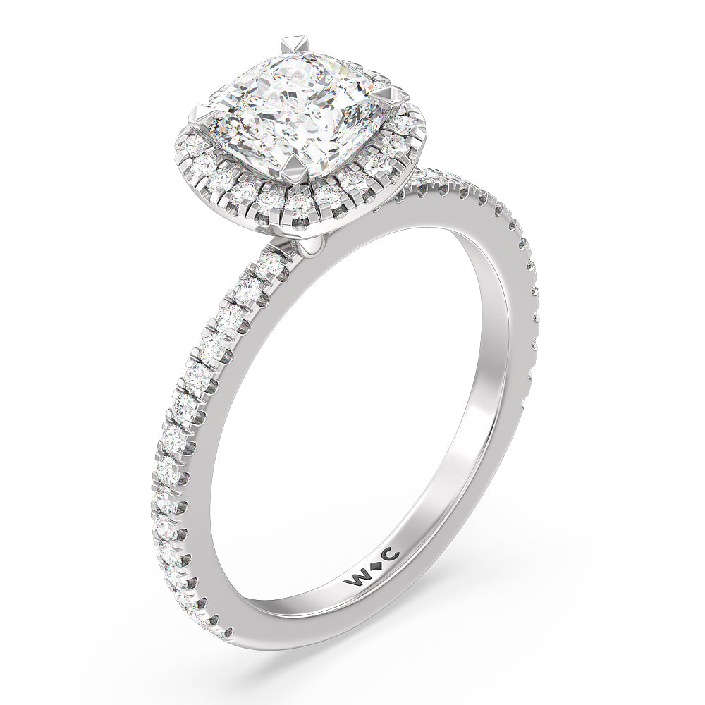 Cushion Cut Pave Halo and Shank Engagement Ring with Lab Grown Diamond in 14KT Platinum view 3
