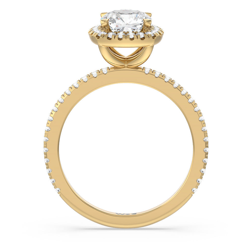 Cushion Cut Pave Halo and Shank Engagement Ring with Lab Grown Diamond in 14KT Yellow Gold view 2
