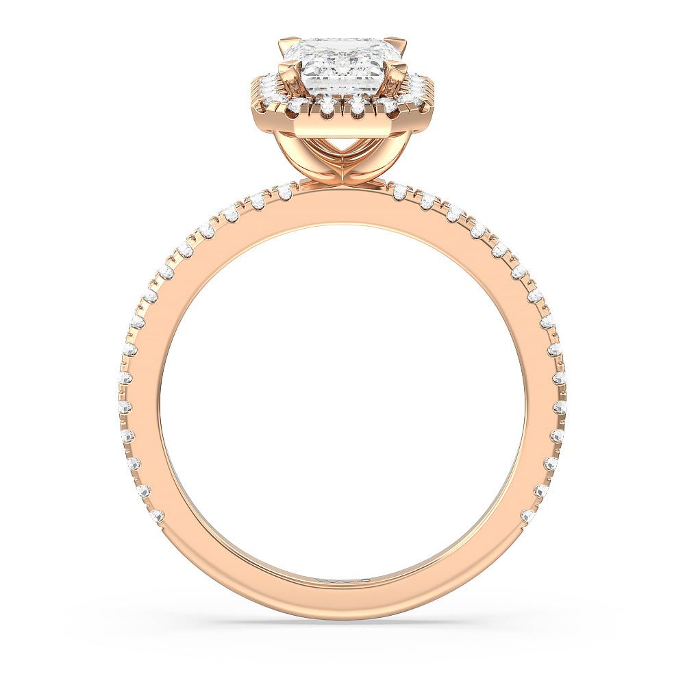 Emerald Cut Pave Halo and Shank Engagement Ring with Lab Grown Diamond in 14KT Rose Gold view 2
