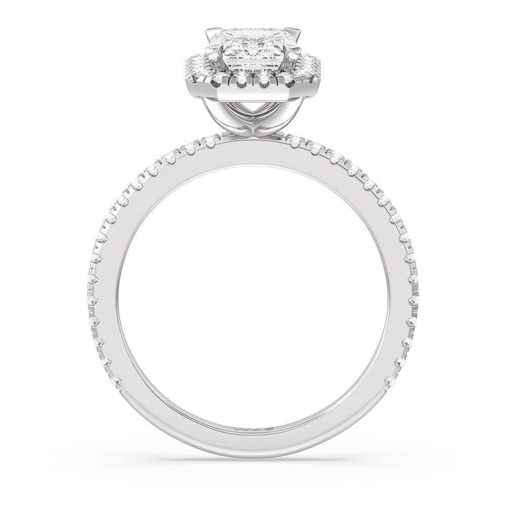 Emerald Cut Pave Halo and Shank Engagement Ring with Lab Grown Diamond in 14KT Platinum view 2
