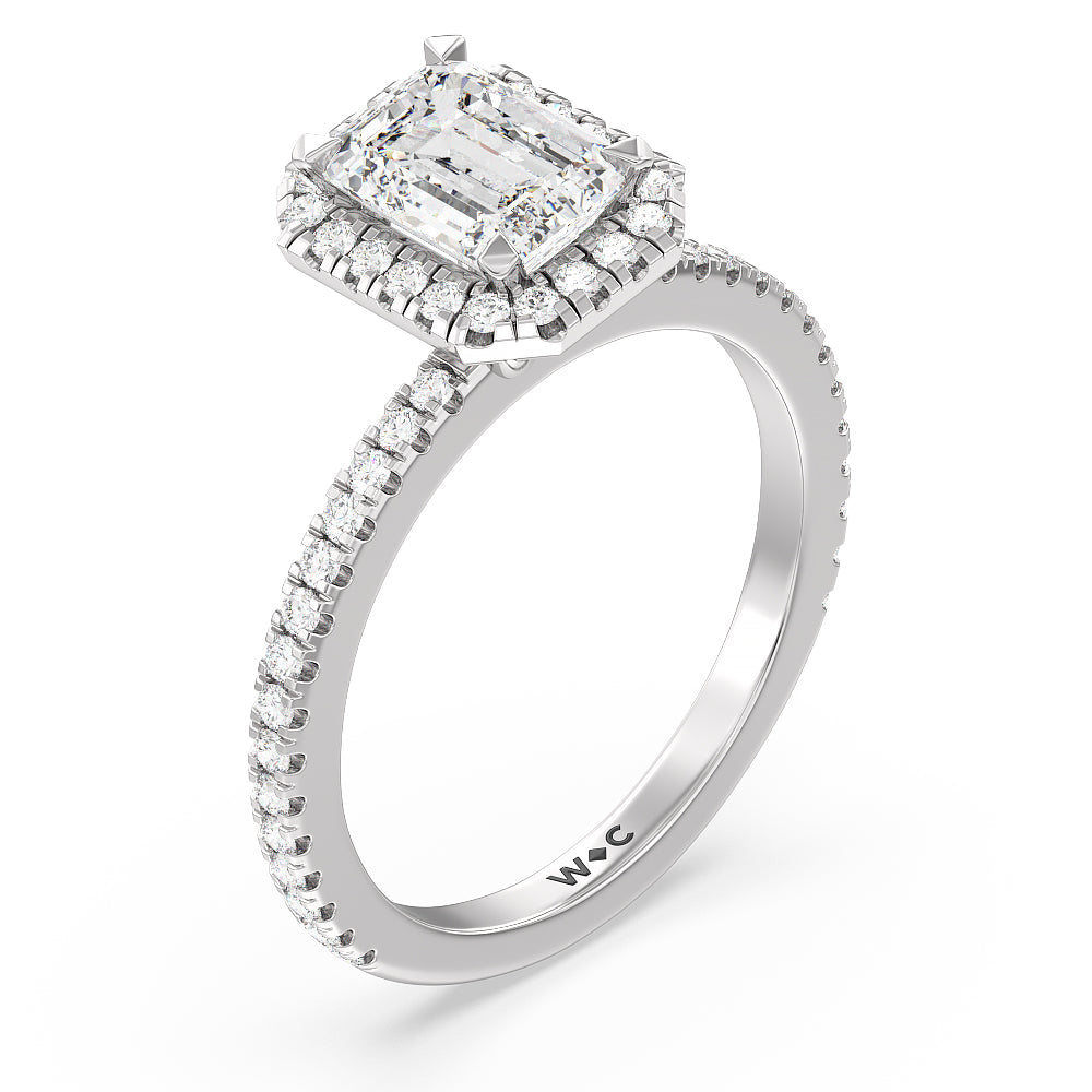 Emerald Cut Pave Halo and Shank Engagement Ring with Lab Grown Diamond in 14KT Platinum view 3
