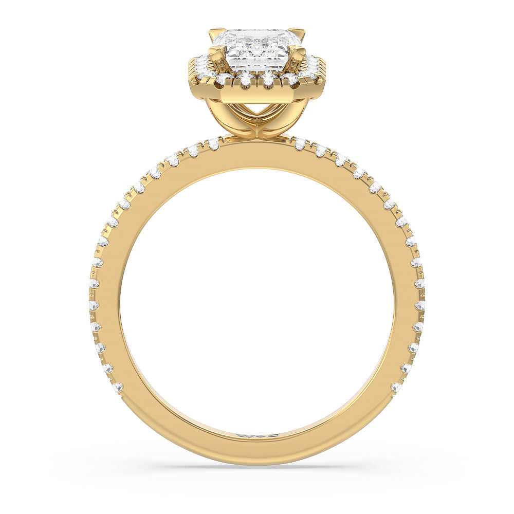 Emerald Cut Pave Halo and Shank Engagement Ring with Lab Grown Diamond in 14KT Yellow Gold view 2
