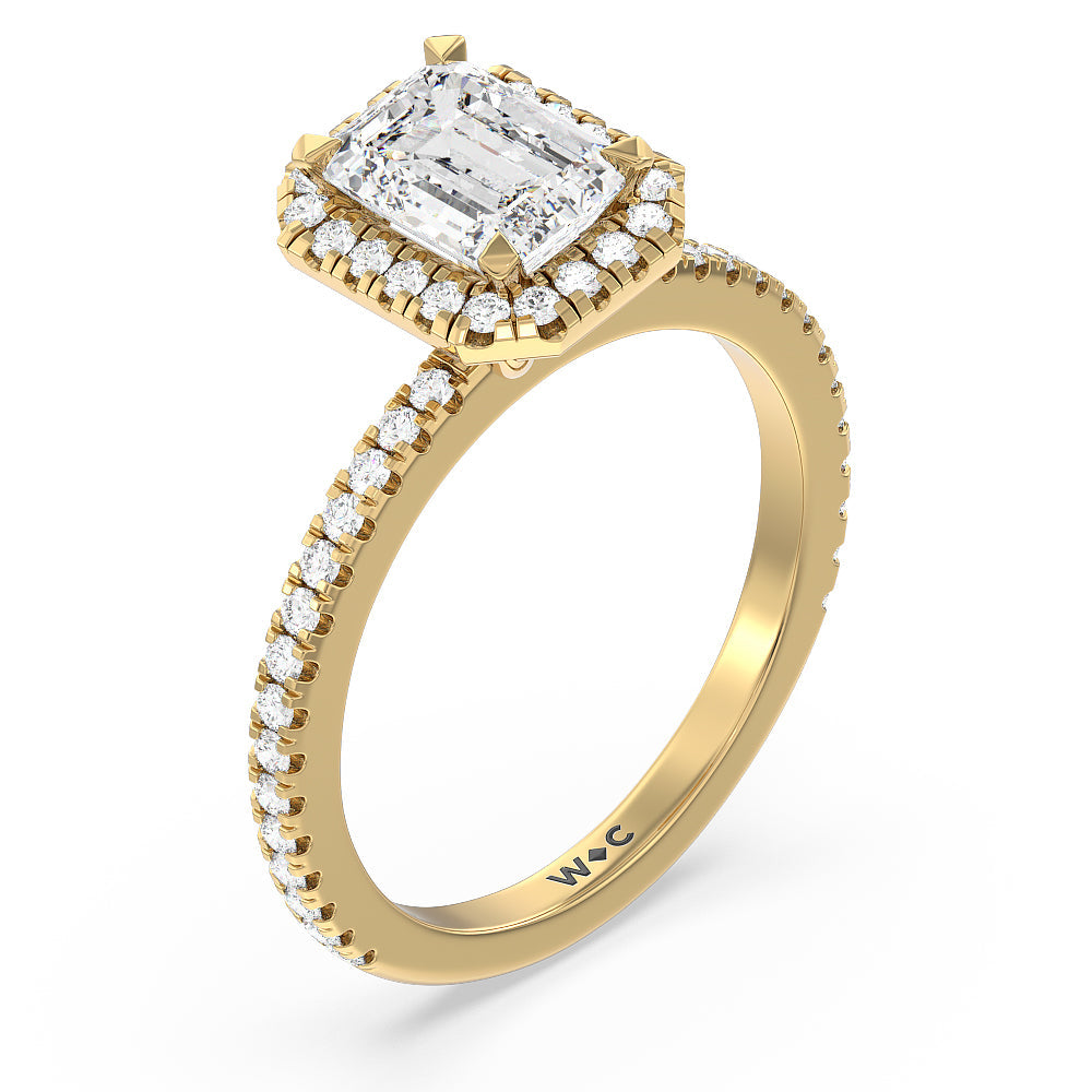Emerald Cut Pave Halo and Shank Engagement Ring with Lab Grown Diamond in 14KT Yellow Gold view 3
