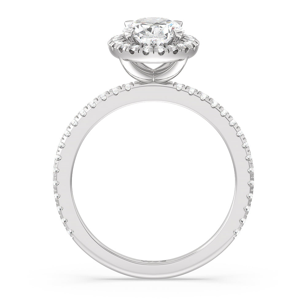 Oval Cut Pave Halo and Shank Engagement Ring with Lab Grown Diamond in 14KT Platinum view 2

