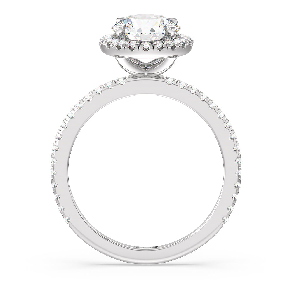 Round Cut Pave Halo and Shank Engagement Ring with Lab Grown Diamond in 14KT Platinum view 2
