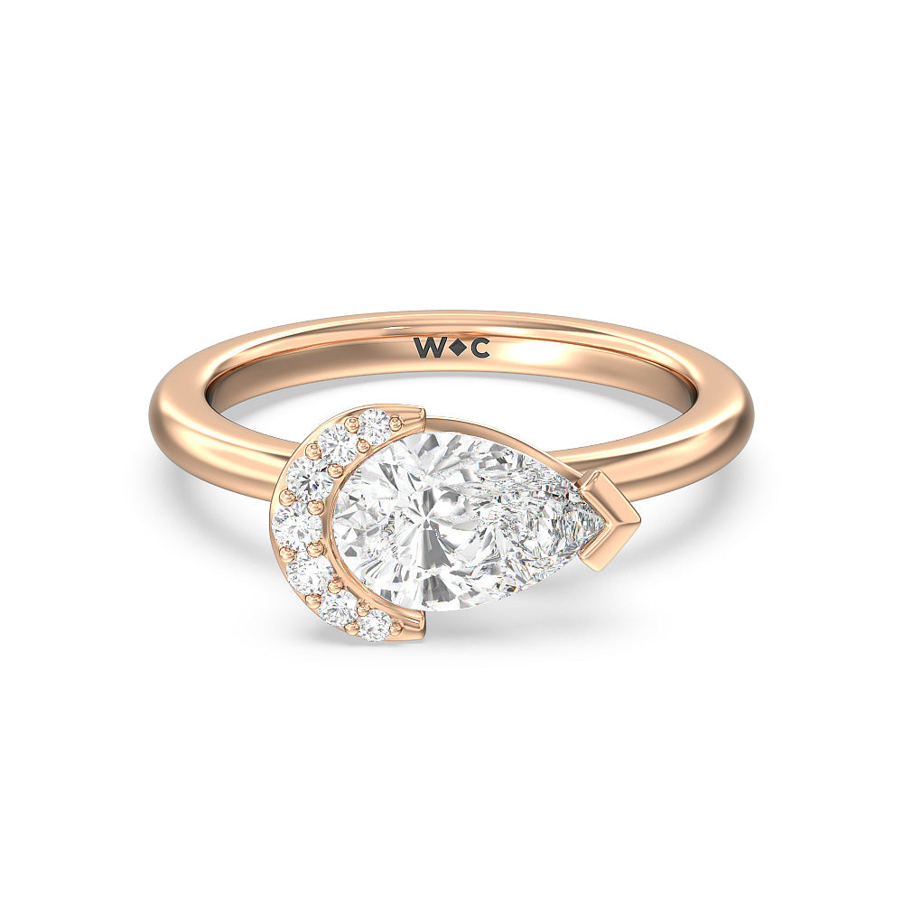 Begonia Petal East West Diamond Engagement Ring with West Pear Cut Diamond in 14KT Rose Gold view 1
