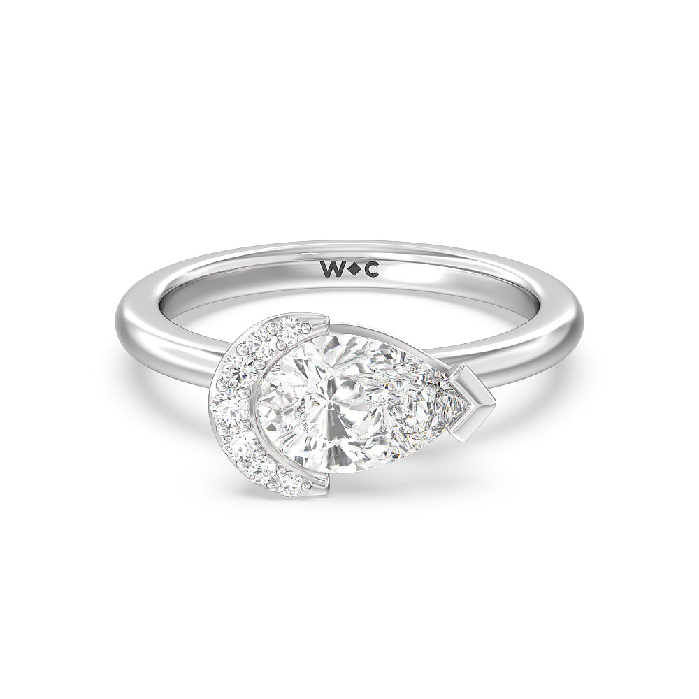 Begonia Petal East West Diamond Engagement Ring with West Pear Cut Diamond in 14KT Platinum view 1
