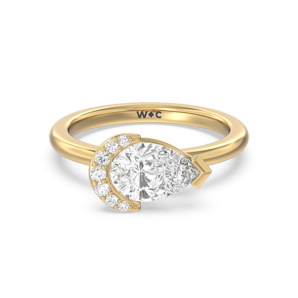 Begonia Petal East West Diamond Engagement Ring with West Pear Cut Diamond in 14KT Yellow Gold view 1
