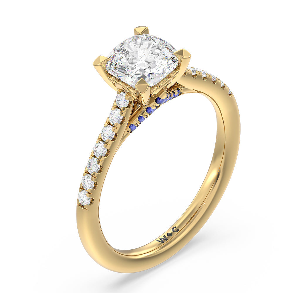 Cushion Cut Hidden Accent Engagement Ring with Lab Grown Diamond in 14KT Yellow Gold view 3
