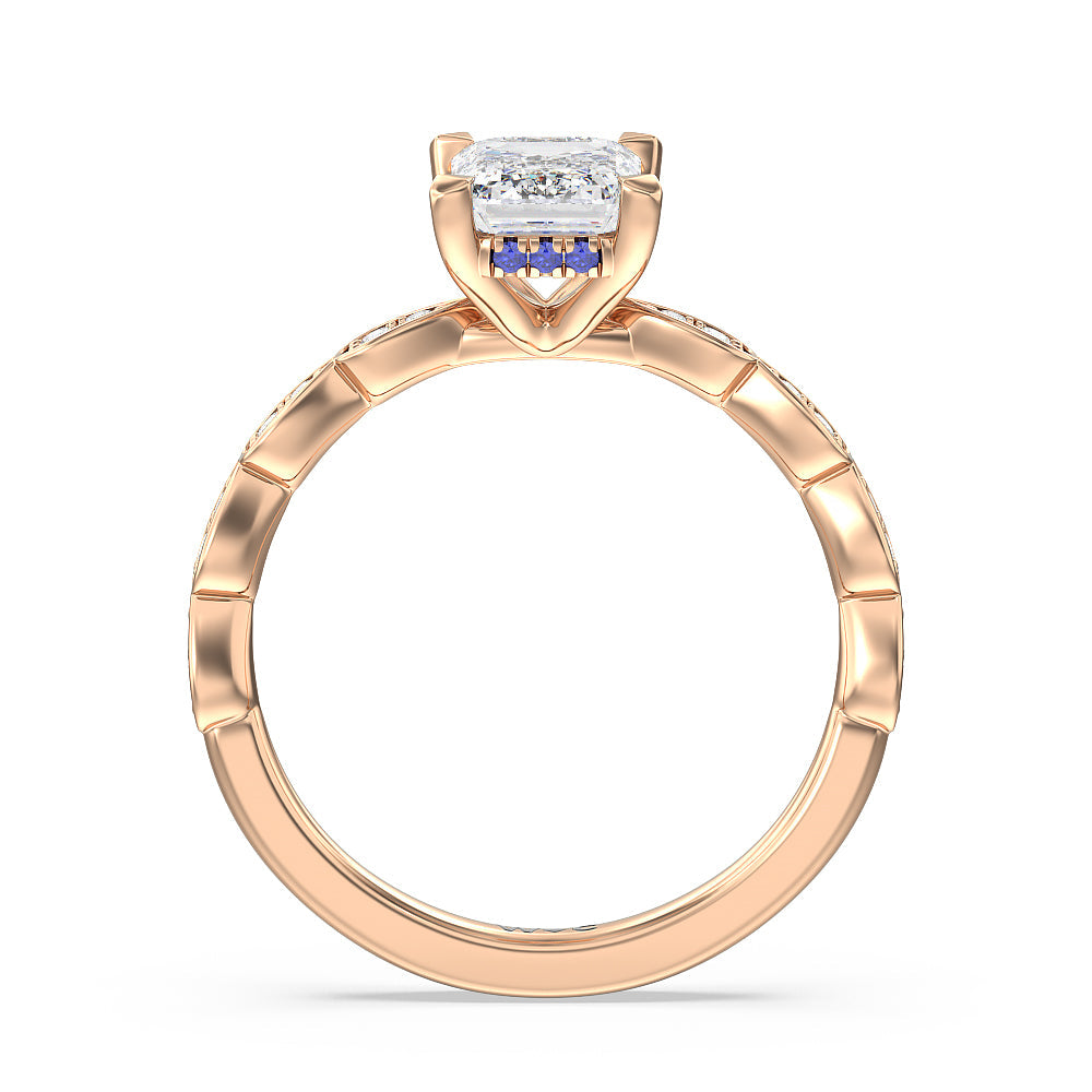 Forget-Me-Not Hidden Halo Engagement Ring with Emerald Cut Diamond in 14KT Rose Gold view 2
