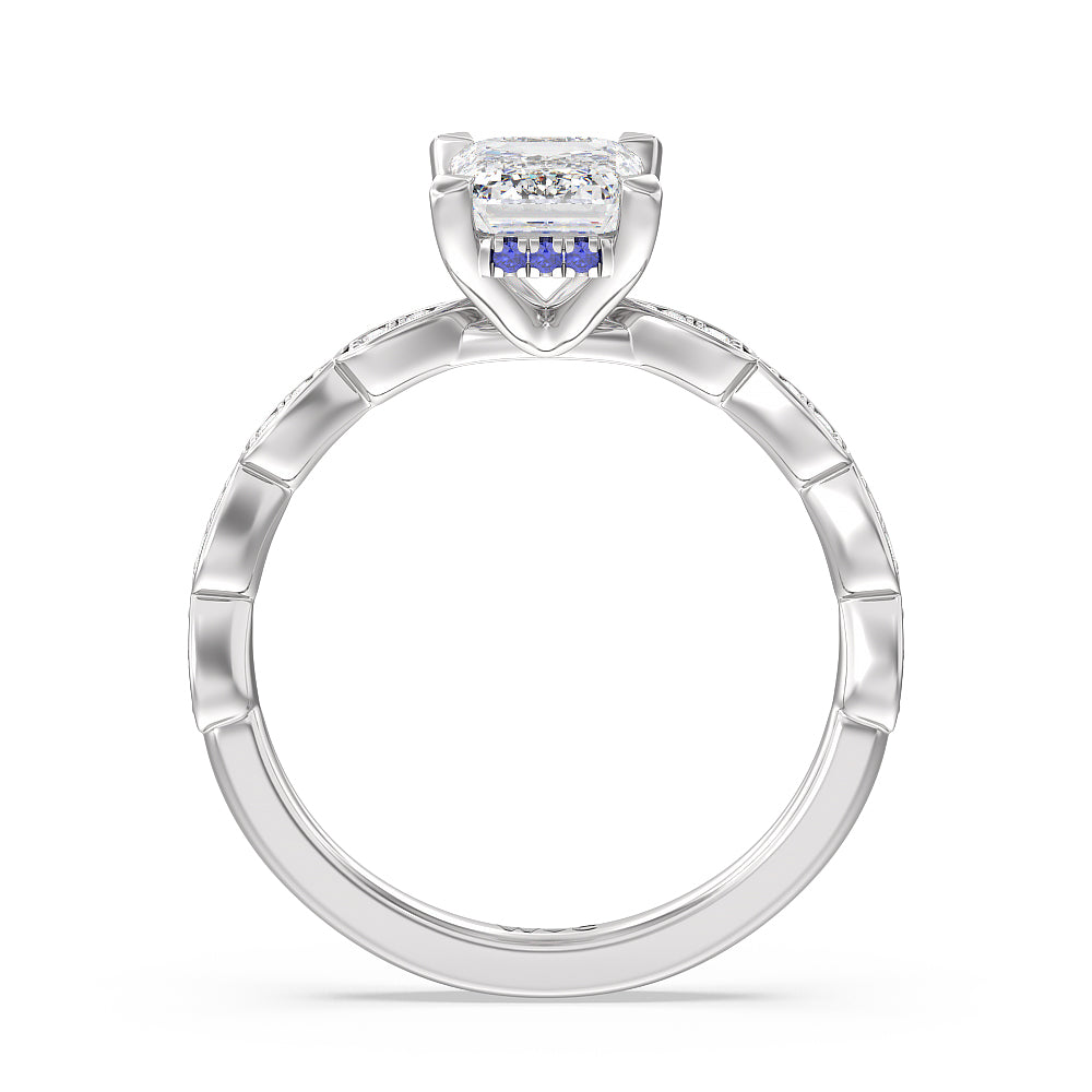 Forget-Me-Not Hidden Halo Engagement Ring with Emerald Cut Diamond in 14KT Platinum view 2
