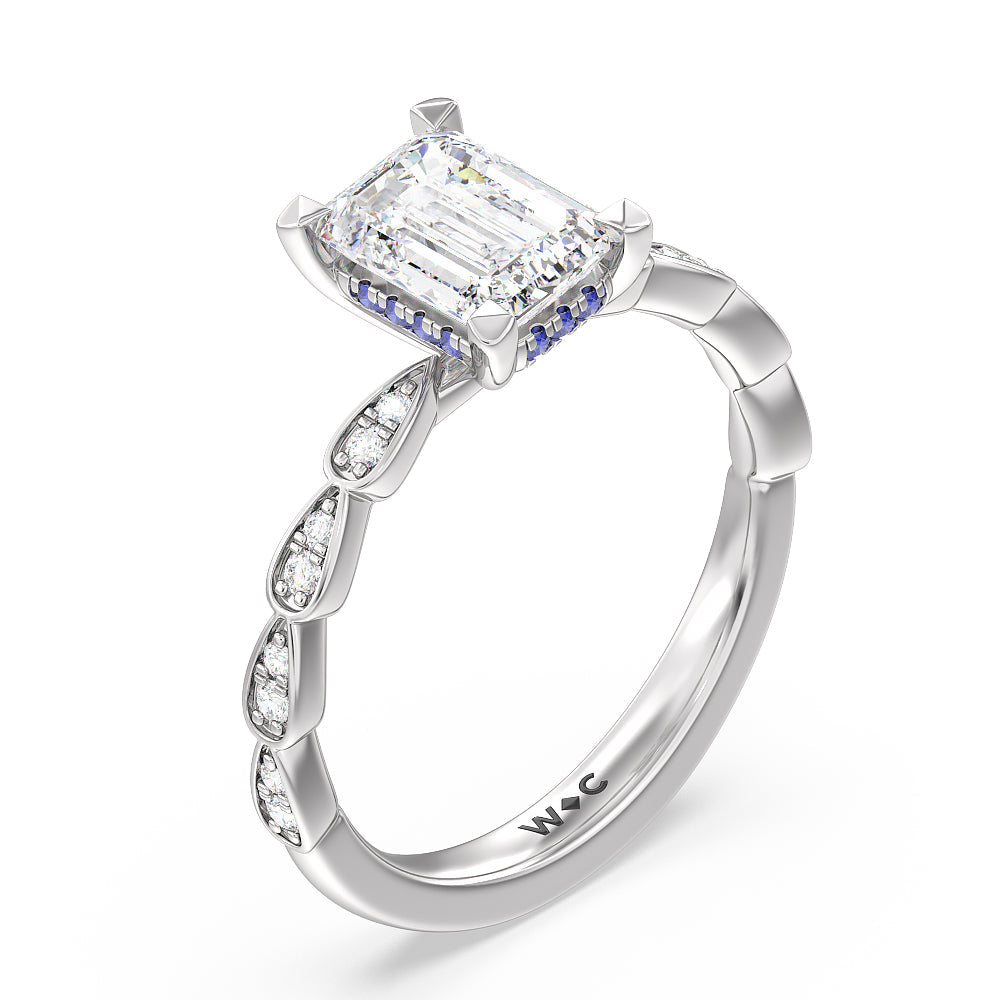 Forget-Me-Not Hidden Halo Engagement Ring with Emerald Cut Diamond in 14KT Platinum view 3
