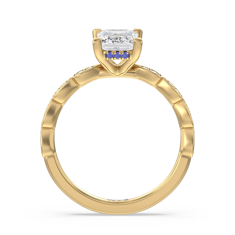 Forget-Me-Not Hidden Halo Engagement Ring with Emerald Cut Diamond in 14KT Yellow Gold view 2

