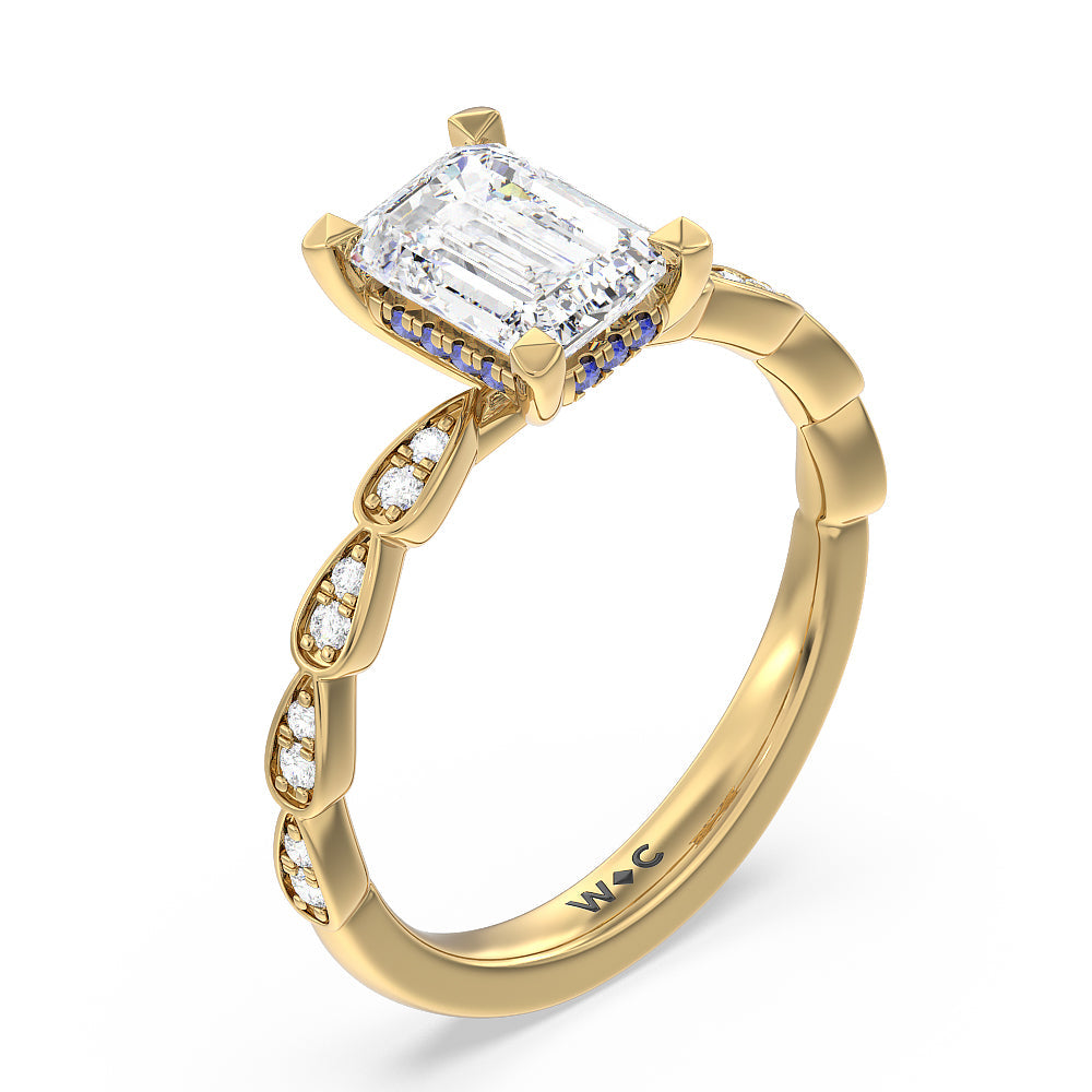 Forget-Me-Not Hidden Halo Engagement Ring with Emerald Cut Diamond in 14KT Yellow Gold view 3
