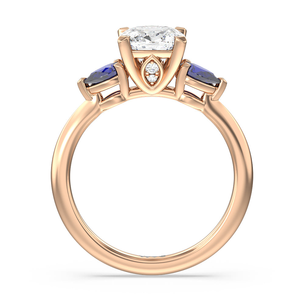 Cushion Cut Iris Three Stone Engagement Ring with Lab Grown Diamond in 14KT Rose Gold view 2
