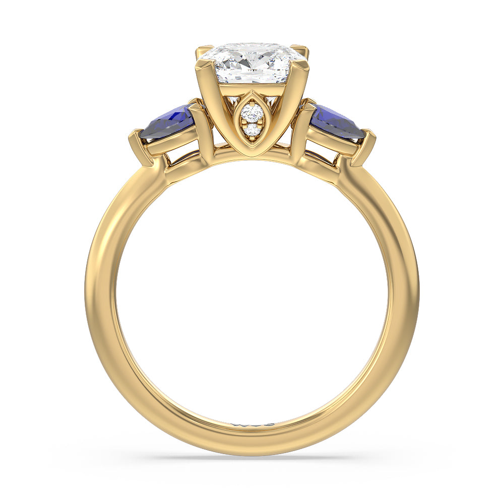 Cushion Cut Iris Three Stone Engagement Ring with Lab Grown Diamond in 14KT Yellow Gold view 2
