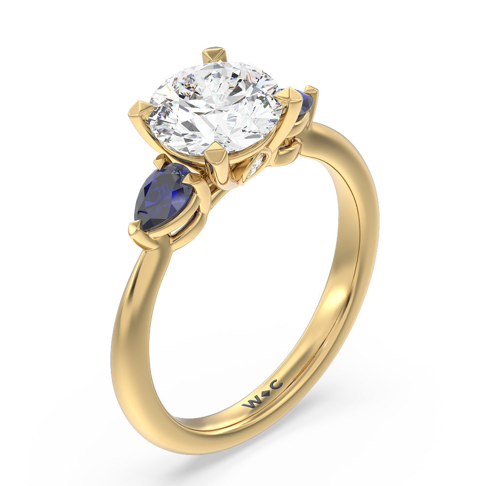 Round Cut Iris Three Stone Engagement Ring with Lab Grown Diamond in 14KT Yellow Gold view 3
