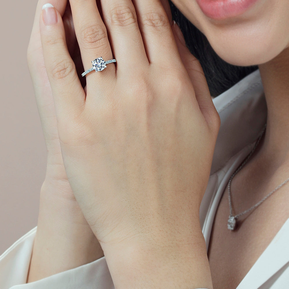 Model Wearing Veronica Spire Under Halo Engagement Ring with Lab Grown Diamond view