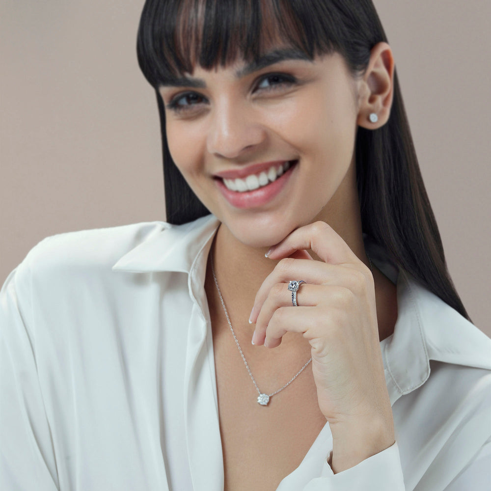 Model Wearing Muscari Bloom Knife Edge Engagement Ring view