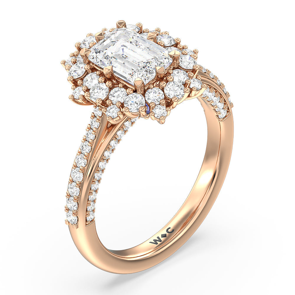 Emerald Cut Hydrangea Bloom Halo Engagement Ring with Lab Grown Diamond in 14KT Rose Gold view 3
