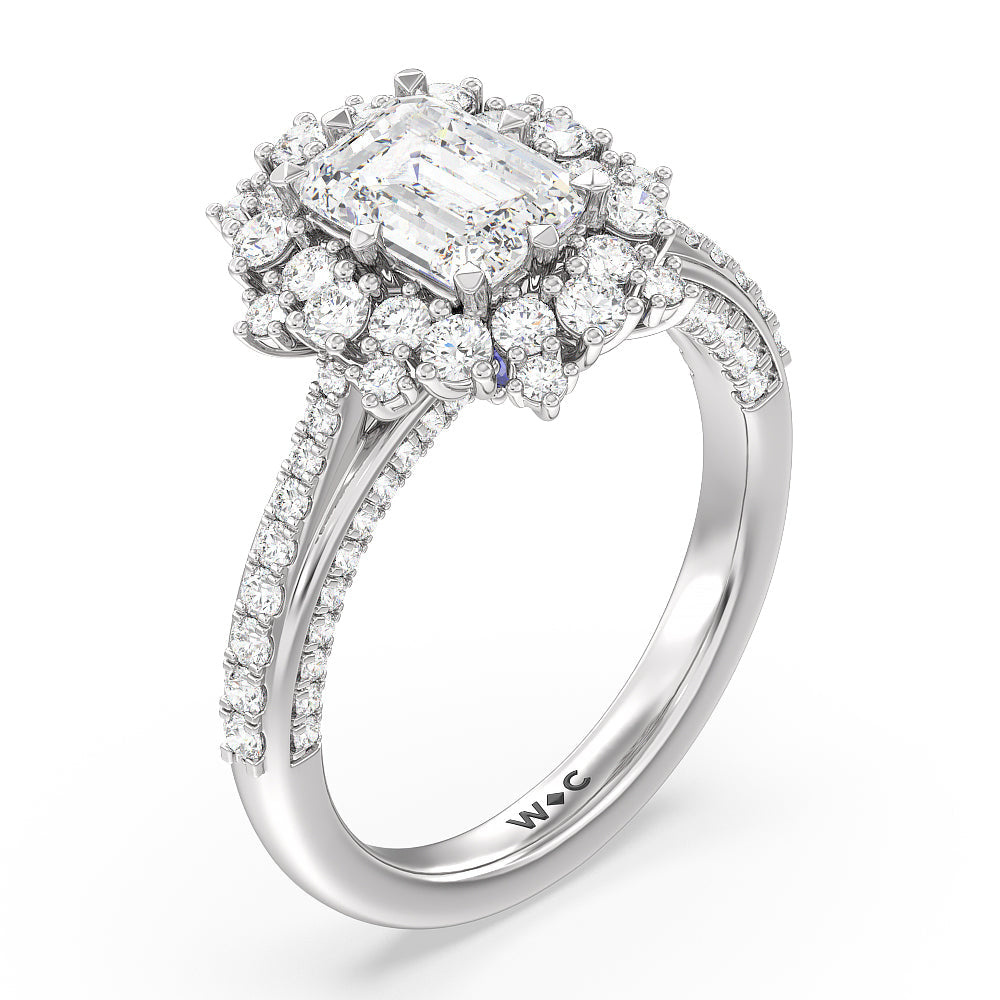 Emerald Cut Hydrangea Bloom Halo Engagement Ring with Lab Grown Diamond in 14KT Platinum view 3
