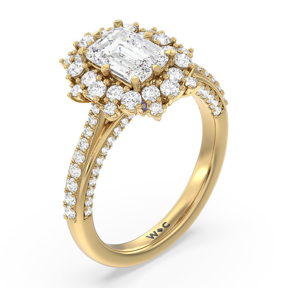 Emerald Cut Hydrangea Bloom Halo Engagement Ring with Lab Grown Diamond in 14KT Yellow Gold view 3
