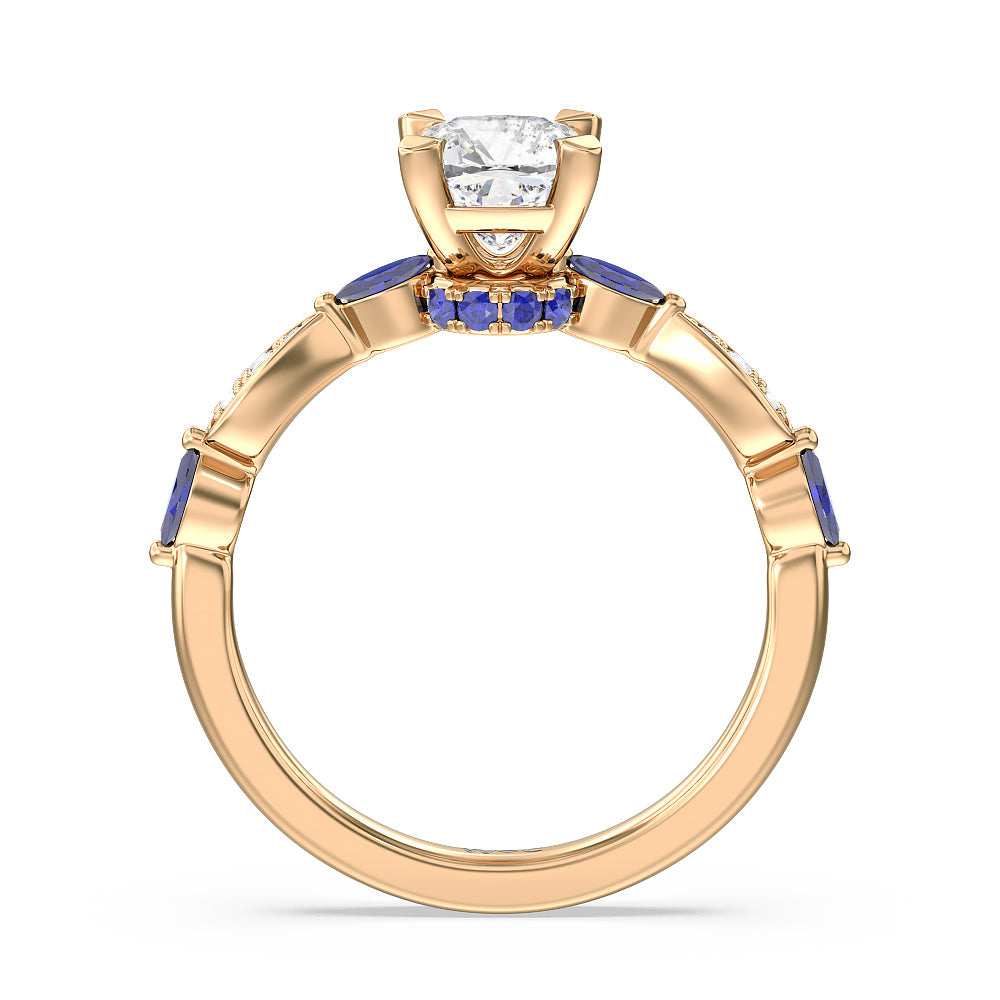 Cushion Cut Gerbera Marquise Created Blue Sapphire and Diamond Engagement Ring with Lab Grown Diamond in 14KT Rose Gold view 2
