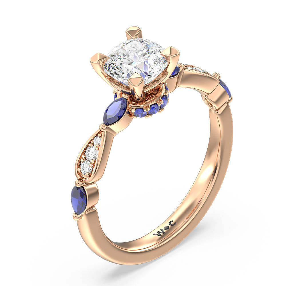 Cushion Cut Gerbera Marquise Created Blue Sapphire and Diamond Engagement Ring with Lab Grown Diamond in 14KT Rose Gold view 3
