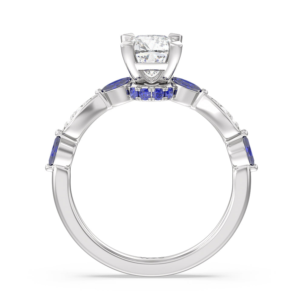 Cushion Cut Gerbera Marquise Created Blue Sapphire and Diamond Engagement Ring with Lab Grown Diamond in 14KT Platinum view 2
