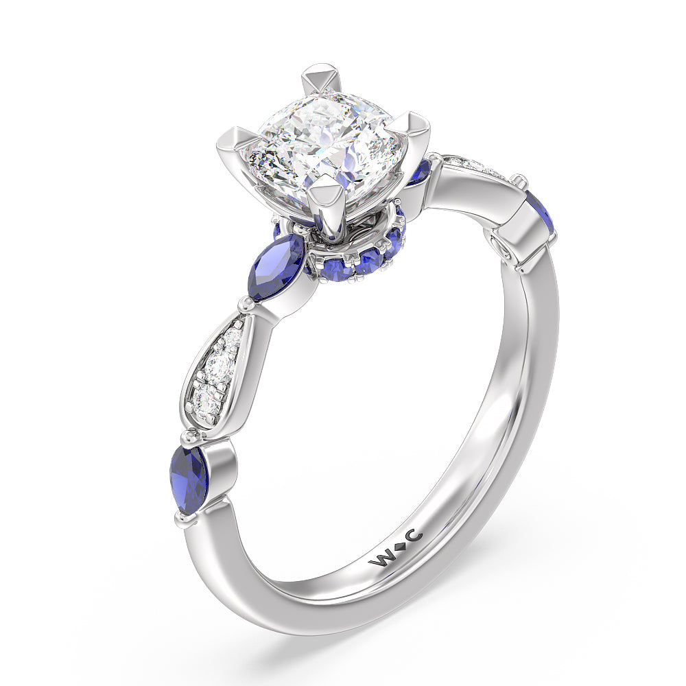 Cushion Cut Gerbera Marquise Created Blue Sapphire and Diamond Engagement Ring with Lab Grown Diamond in 14KT Platinum view 3
