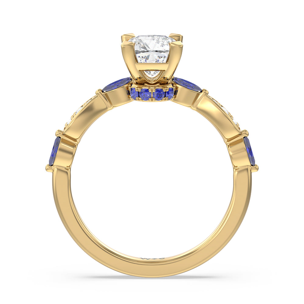 Cushion Cut Gerbera Marquise Created Blue Sapphire and Diamond Engagement Ring with Lab Grown Diamond in 14KT Yellow Gold view 2
