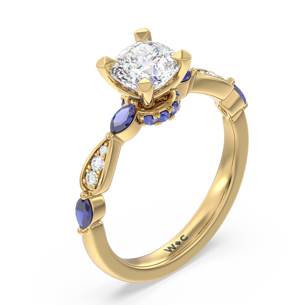 Cushion Cut Gerbera Marquise Created Blue Sapphire and Diamond Engagement Ring with Lab Grown Diamond in 14KT Yellow Gold view 3
