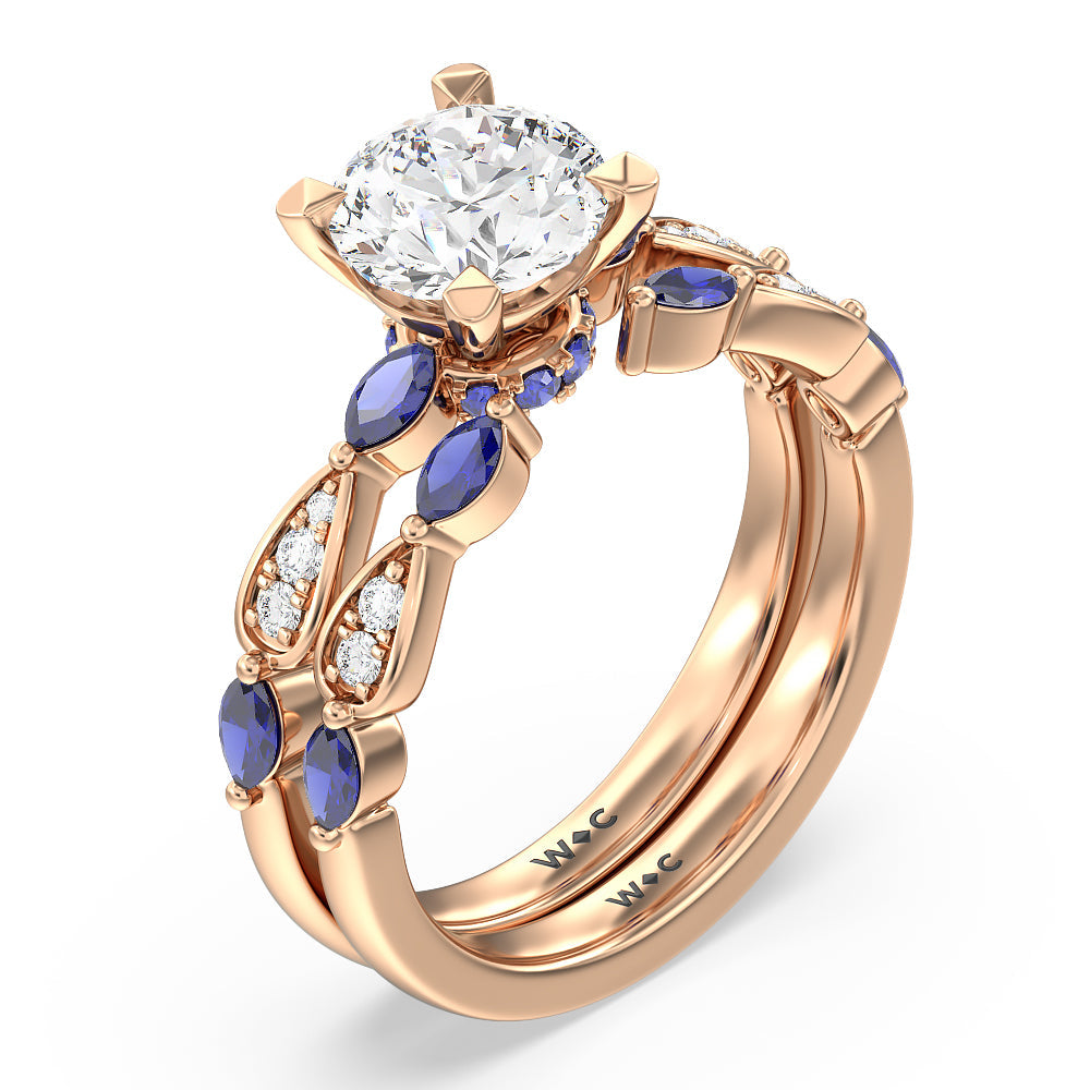 Oval Cut Gerbera Marquise Created Blue Sapphire and Diamond Engagement Ring with Lab Grown Diamond in 14KT Rose Gold view 4
