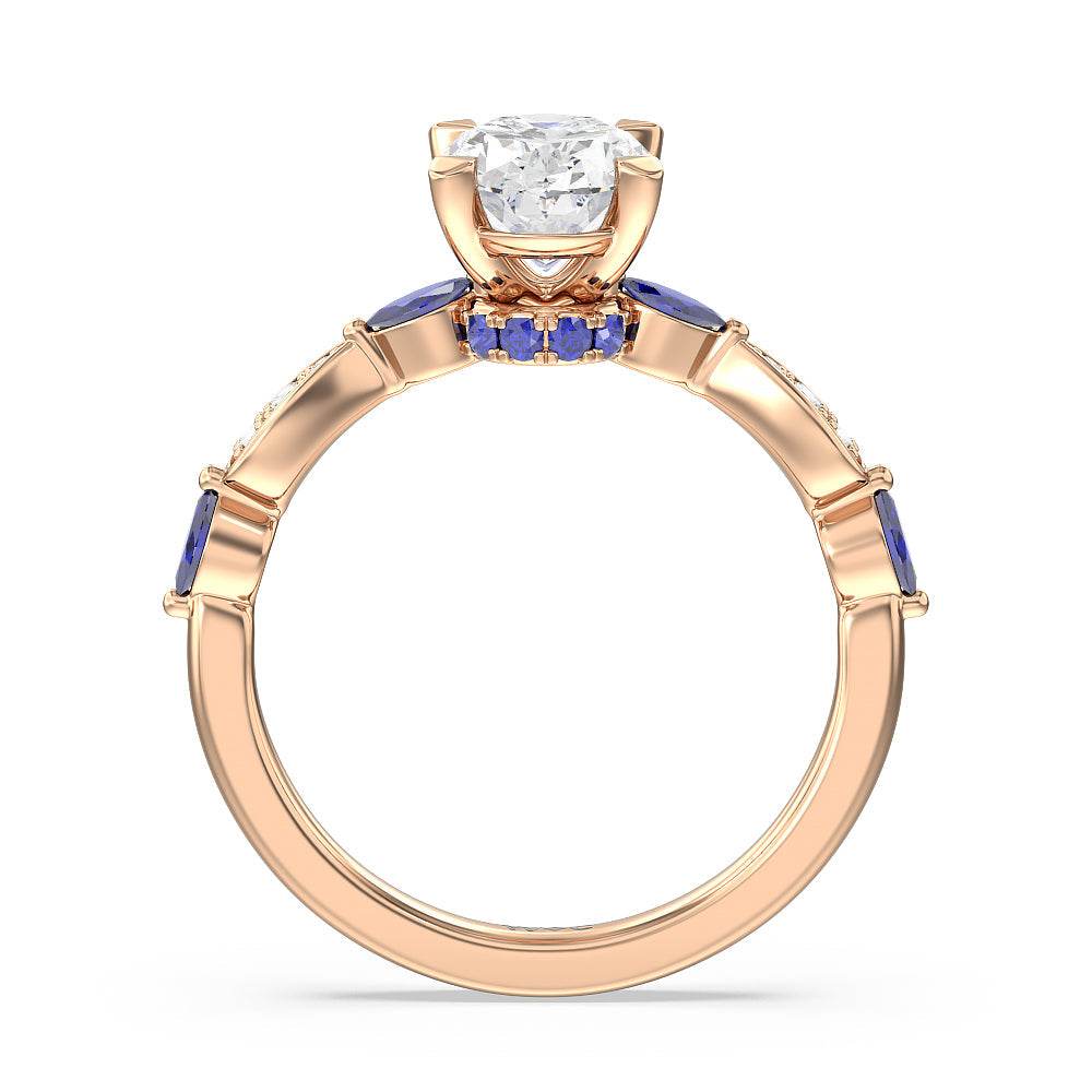 Oval Cut Gerbera Marquise Created Blue Sapphire and Diamond Engagement Ring with Lab Grown Diamond in 14KT Rose Gold view 2

