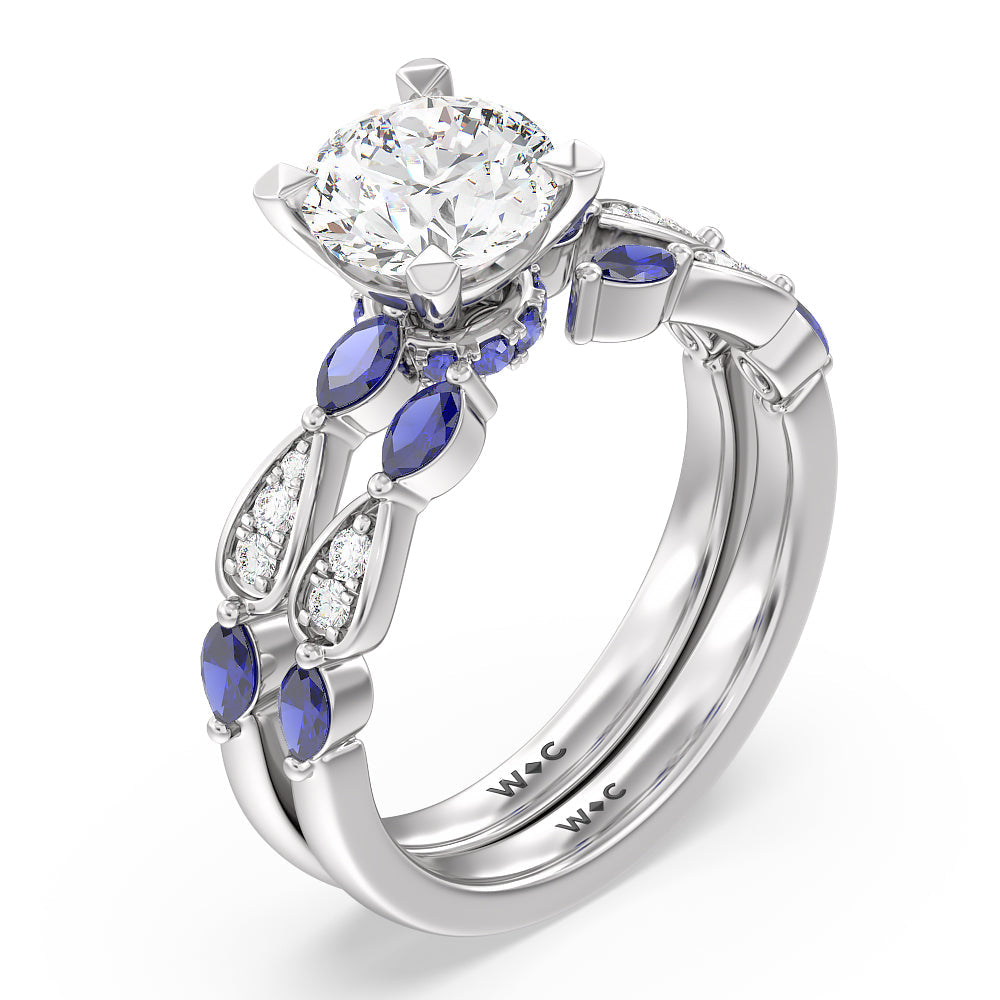 Oval Cut Gerbera Marquise Created Blue Sapphire and Diamond Engagement Ring with Lab Grown Diamond in 14KT Platinum view 4
