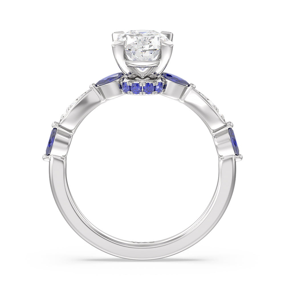 Oval Cut Gerbera Marquise Created Blue Sapphire and Diamond Engagement Ring with Lab Grown Diamond in 14KT Platinum view 2
