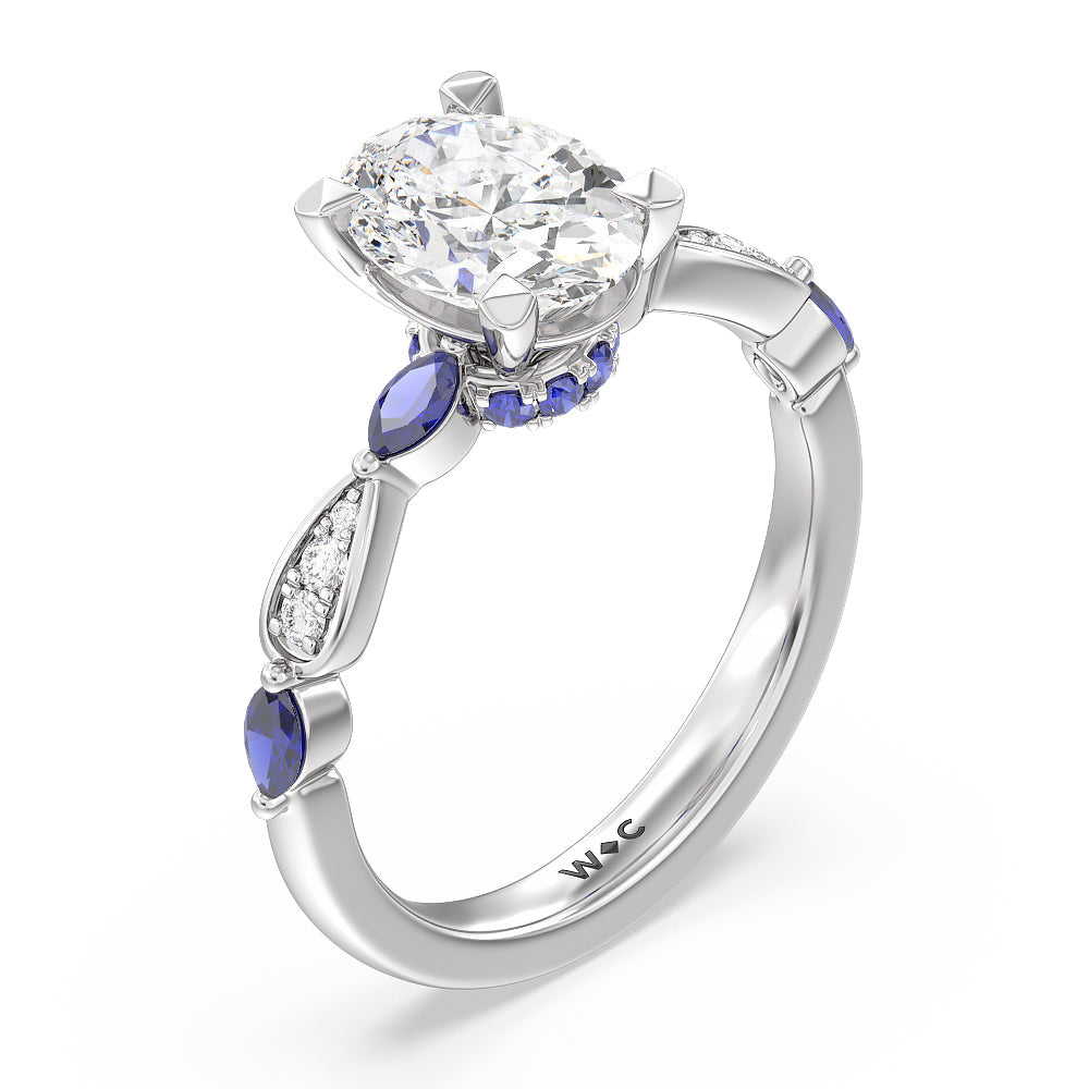 Oval Cut Gerbera Marquise Created Blue Sapphire and Diamond Engagement Ring with Lab Grown Diamond in 14KT Platinum view 3
